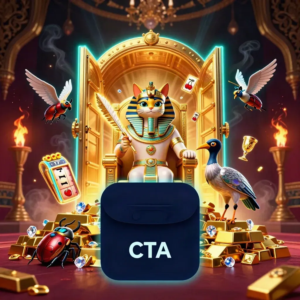 Pharaoh cat, ibis scribe and gem-winged scarabs before a vault of treasure and cyan glow.