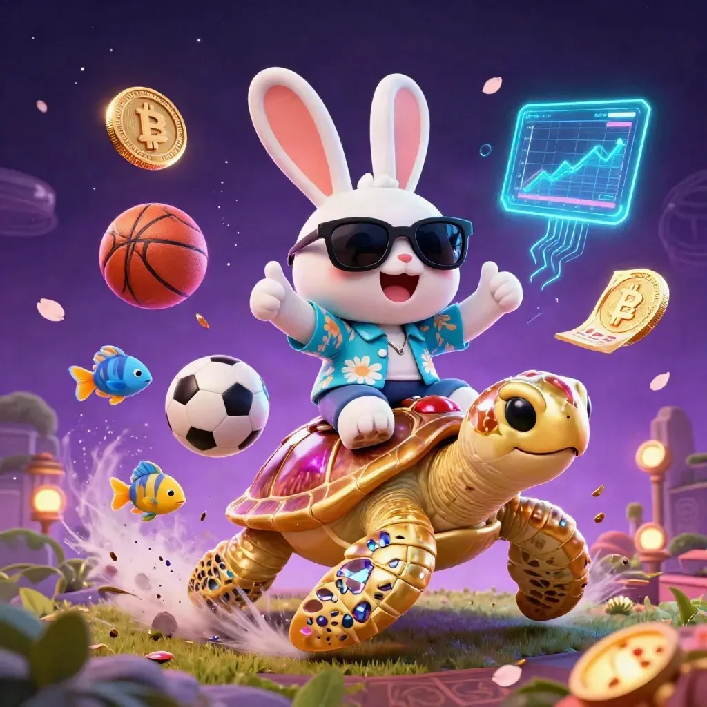 Lucky rabbit on a golden sea turtle amid sports balls, coins, lightning and neon magic.