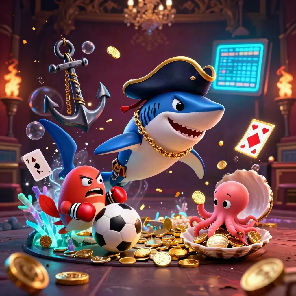 Pirate shark, boxing pufferfish, and coin-juggling octopus in a glowing treasure cove