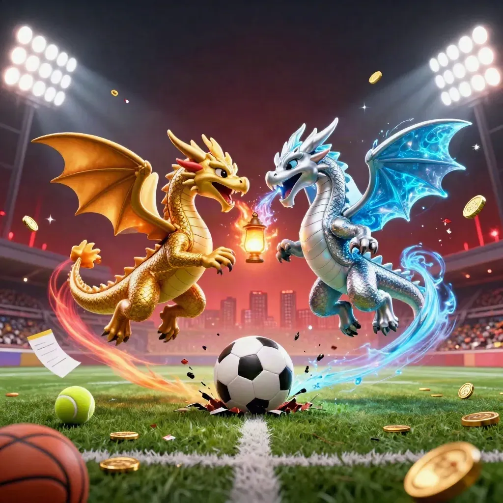 Gold and silver dragons spiral over flying sports balls, turf, coins, and neon stadium lights.
