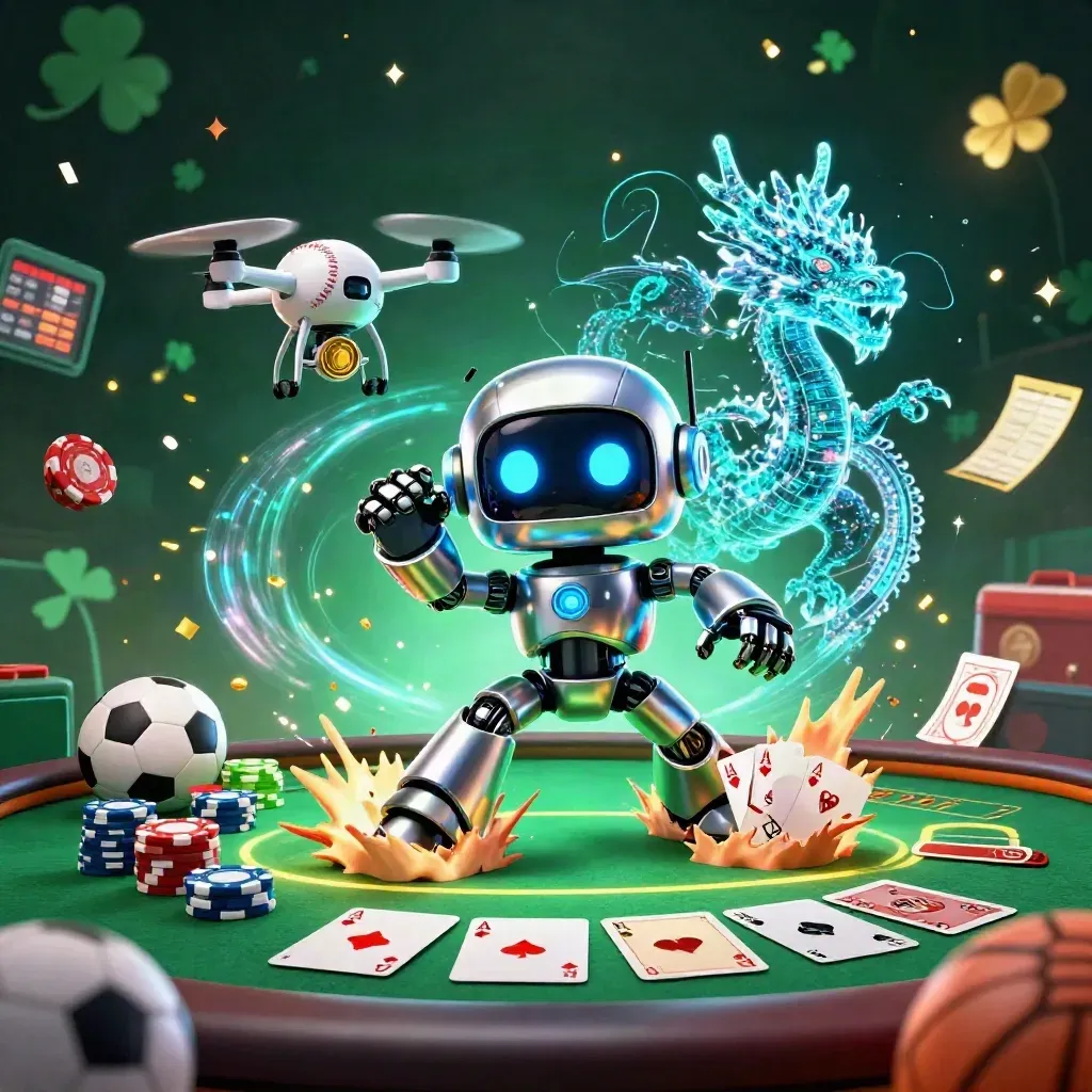 Cyberpunk robot, holographic dragon and coin drone amid chips, balls and stadium light.