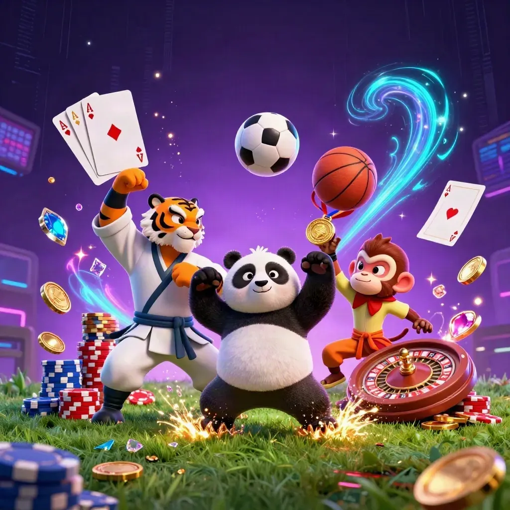 Kung-fu tiger, panda and monkey amid casino sports effects, coins, cards and neon energy.