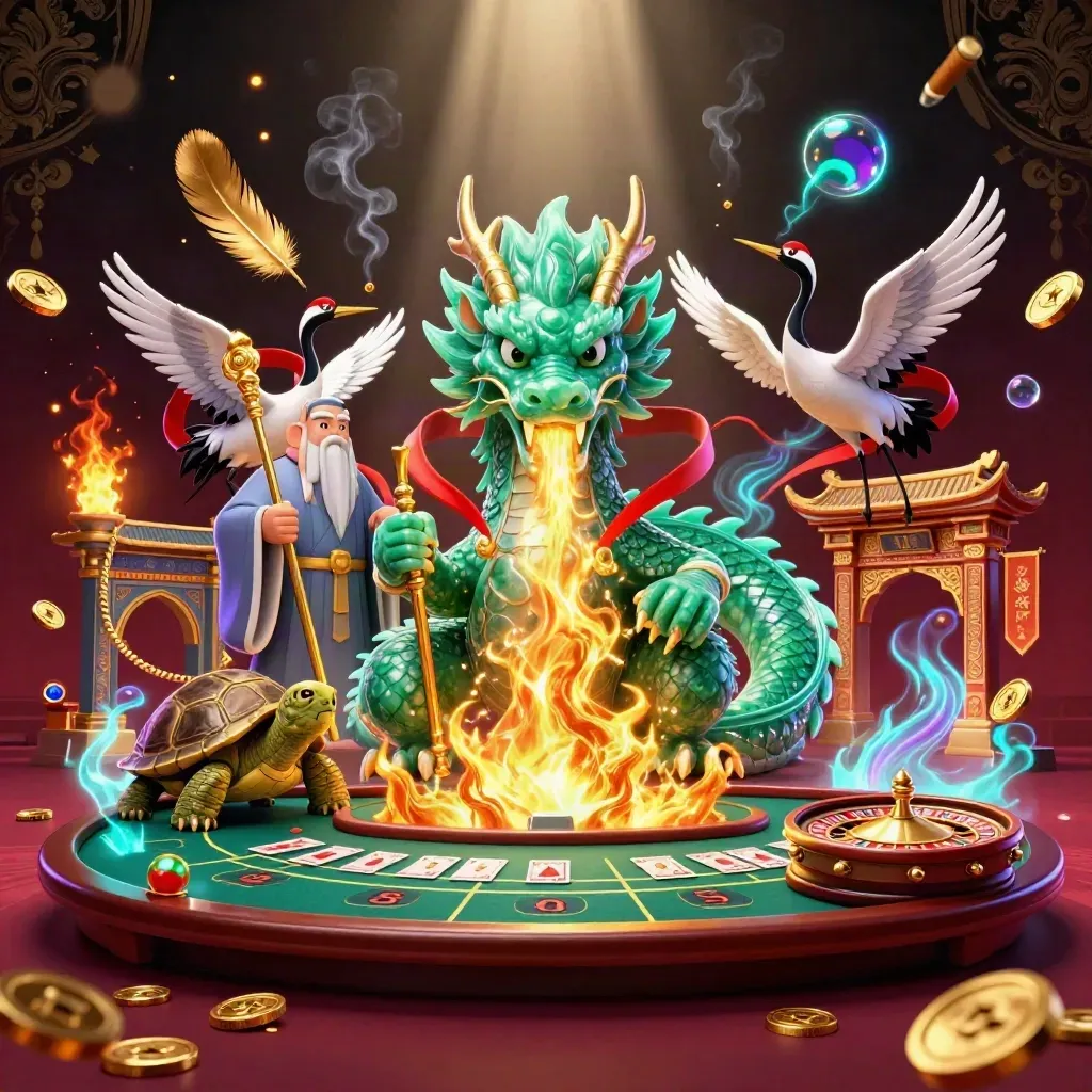 Jade dragon, turtle sage, and cranes amid casino luxury, glowing fire, coins, and neon light.