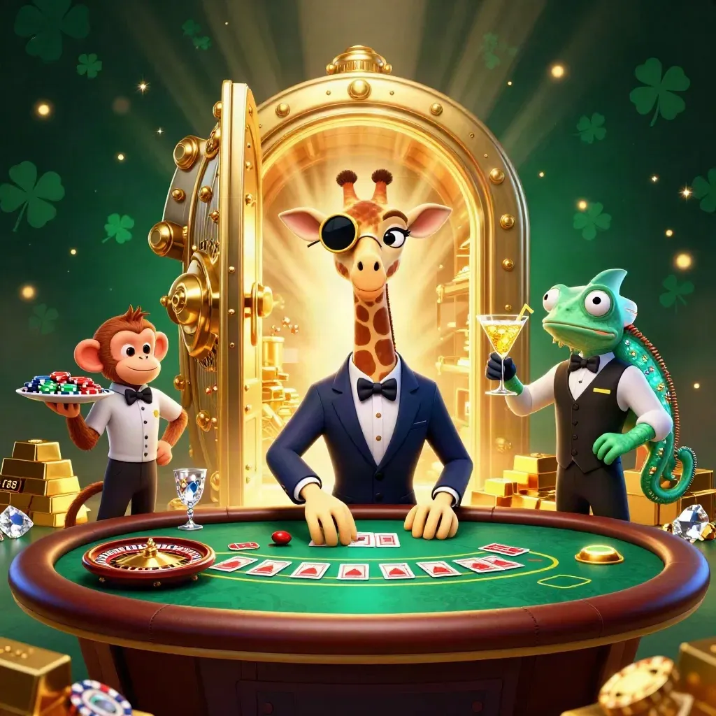 Giraffe, monkey and chameleon in a luxe casino room with gold and blue light.
