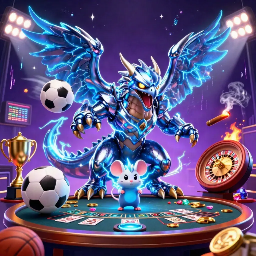 Thunder dragon, wind hawk, and thunder-mouse in a neon casino room with sports props and golden loot.