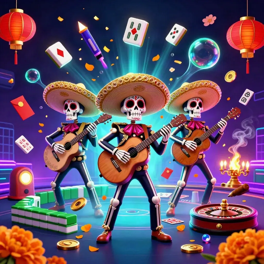Skeleton mariachi trio amid neon casino glamour, spinning props, and dramatic light