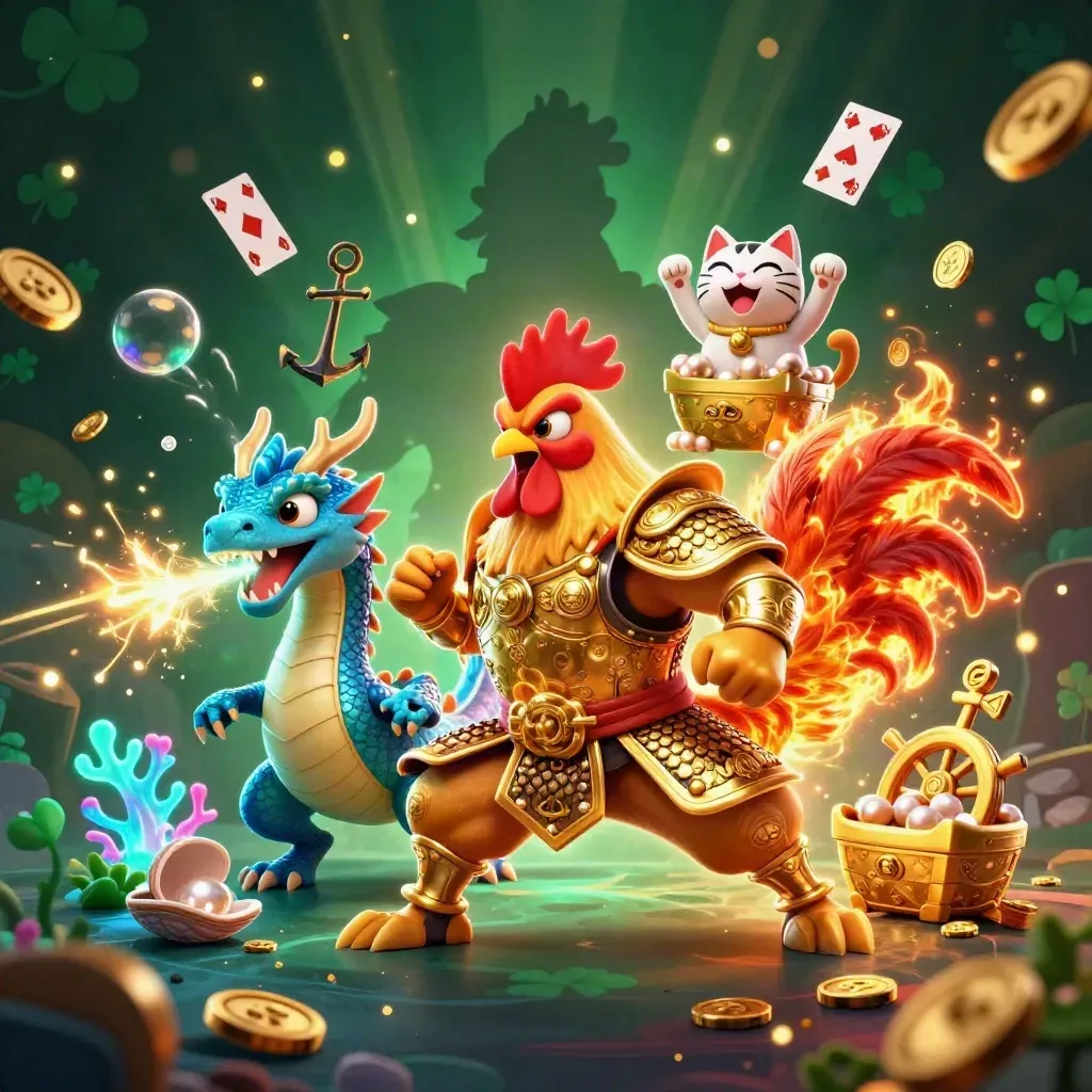 Rooster warrior, dragon hatchling and fortune-cat in a glowing treasure cove with coins, coral and bubbles.