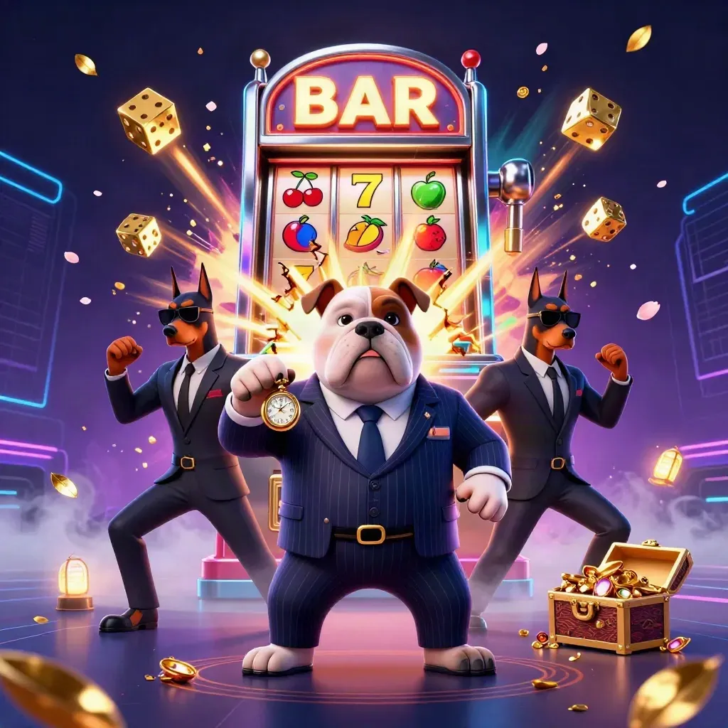 Mafia bulldog and Doberman bodyguards amid bursting slot machine, gold, gems, and neon casino effects