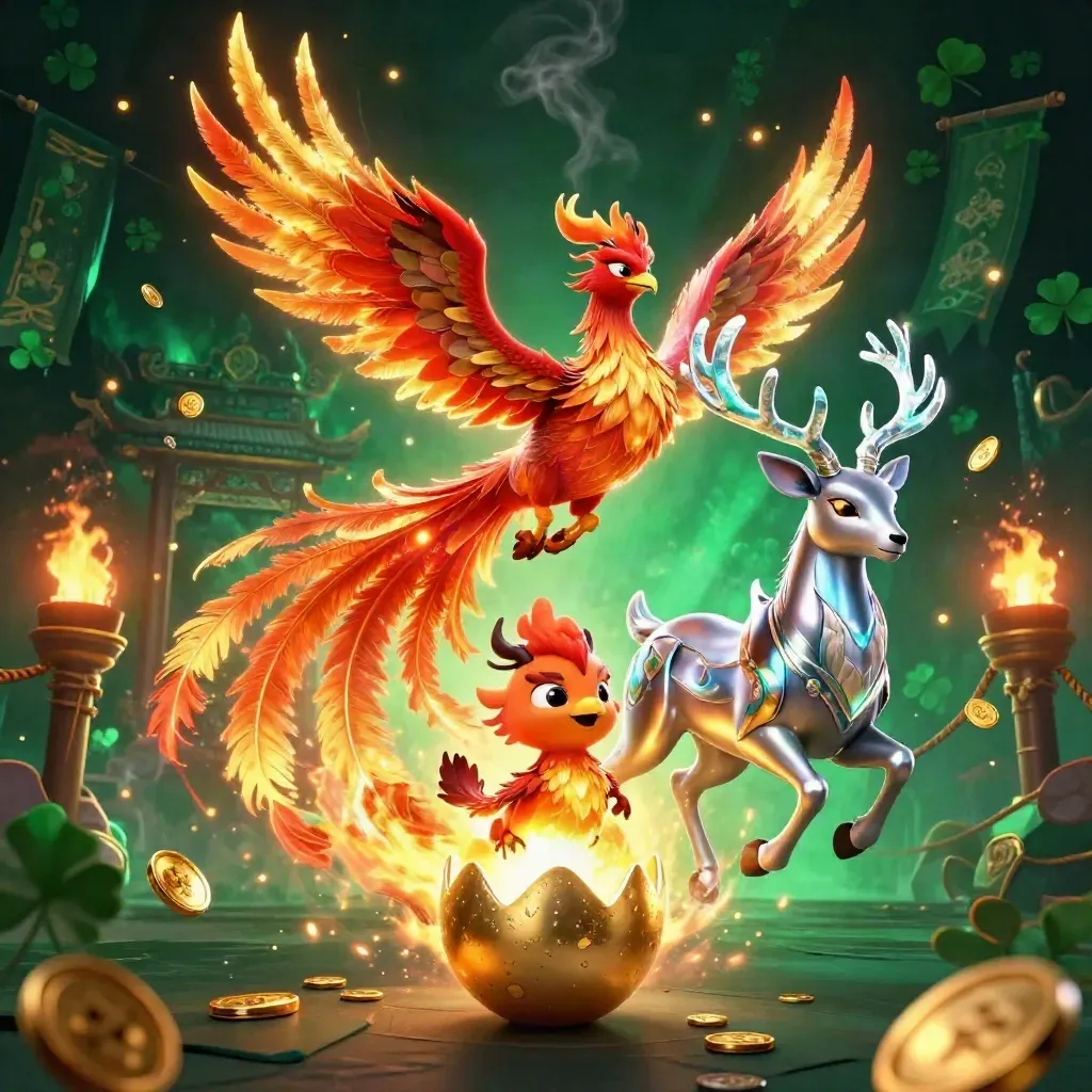 Cyan-lit phoenix, hatching chick, and crystal stag amid gold and embers.