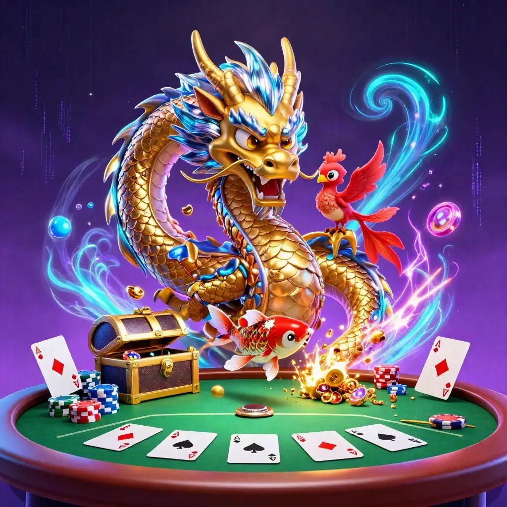 Cyan-lit dragon, phoenix, and koi burst around poker chips on a cosmic casino backdrop.