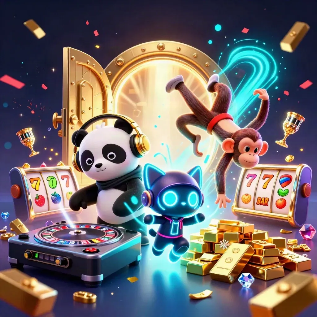 DJ panda, breakdancing monkey, and rave kitten amid gold treasure and neon casino effects.
