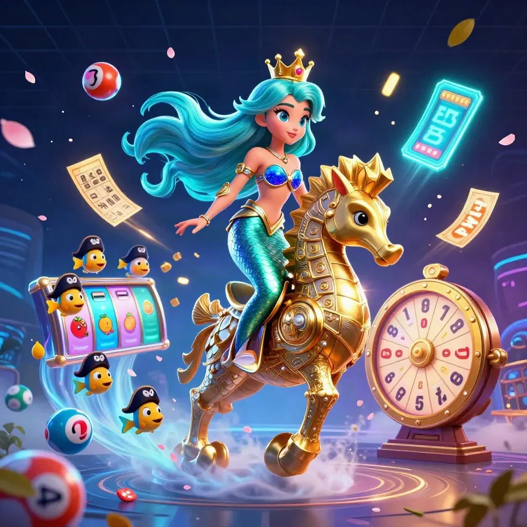 Turquoise-haired mermaid on armored seahorse, exploding casino prizes in neon cyan