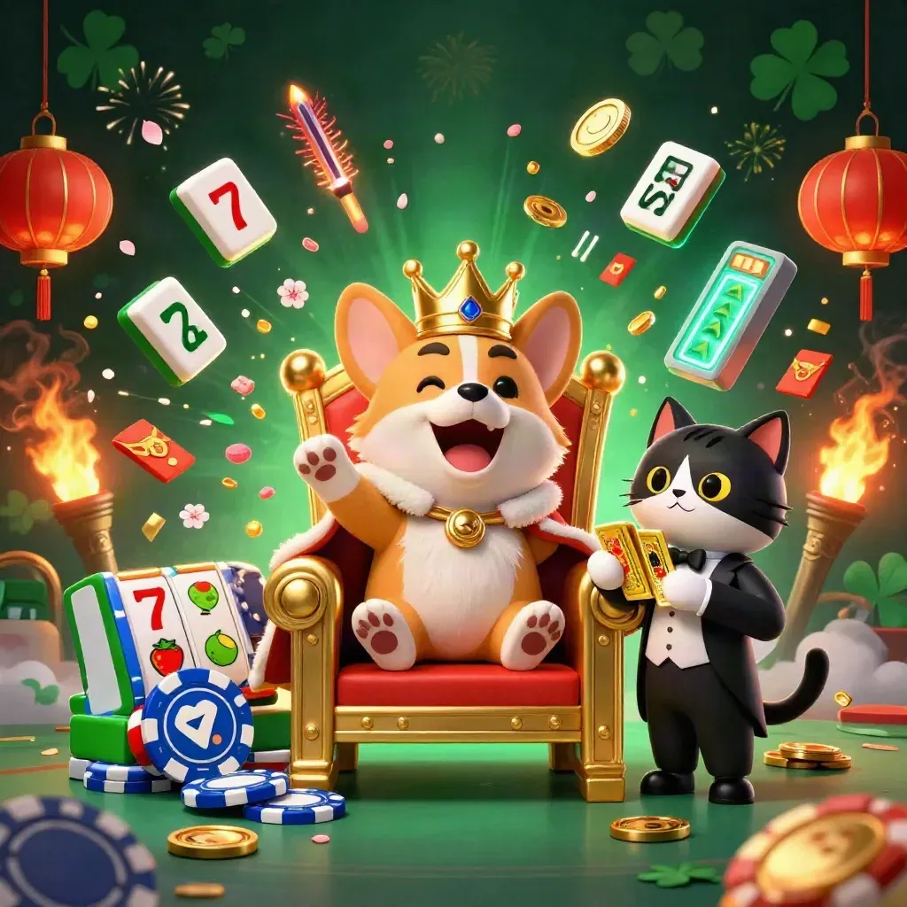 Royal corgi and cat butler amid casino treasure, coins, lanterns, fireworks, and neon blue chrome glow.