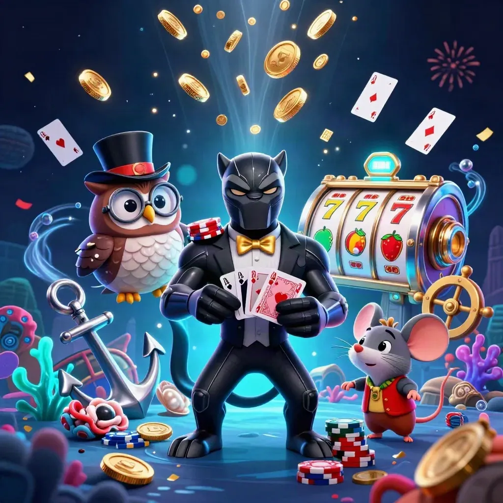 Panther, owl, and mouse in a dazzling treasure-cove casino celebration with coins, coral, reels, and fireworks.