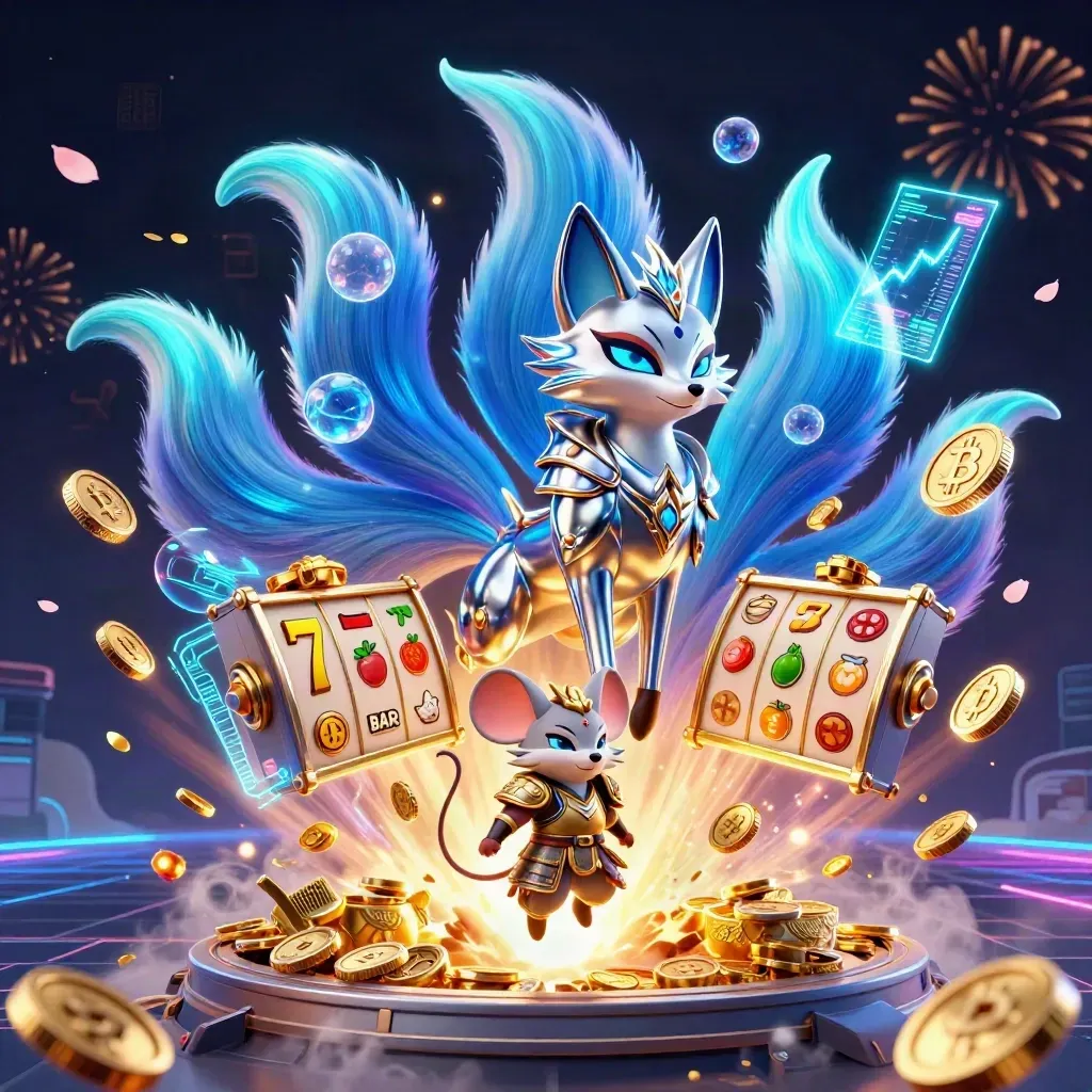 Neon fox spirit and armored mouse amid coins, slot symbols, crypto glow, and fireworks.