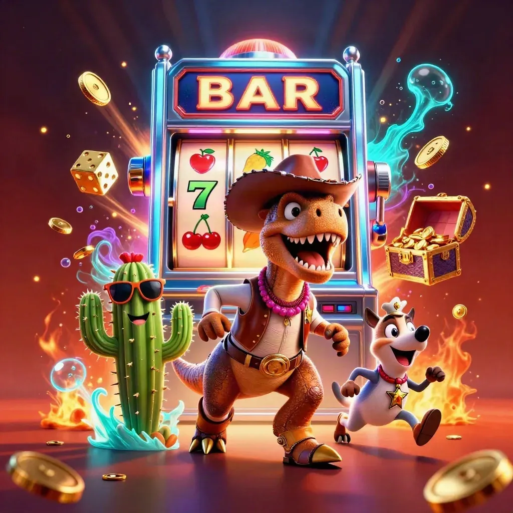 Cowboy T-Rex, cactus sidekick, and roadrunner amid exploding slot machine gold and neon light