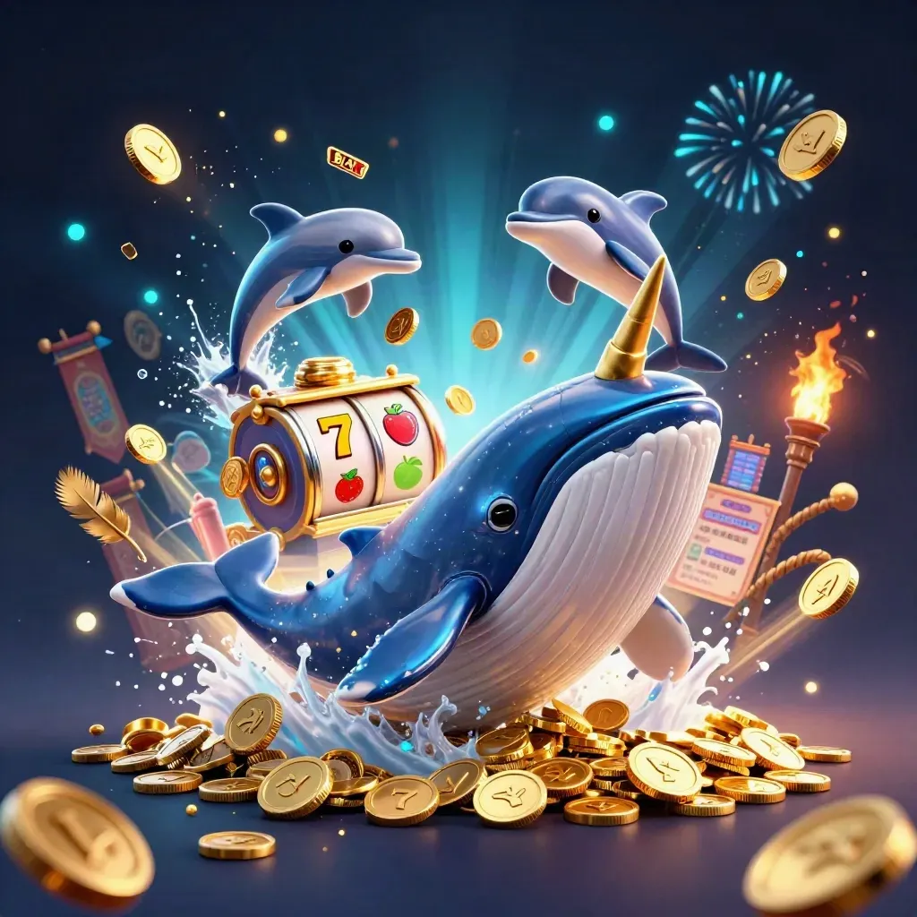 Whale captain, narwhal, and dolphins burst through coins with casino reels and glowing effects.