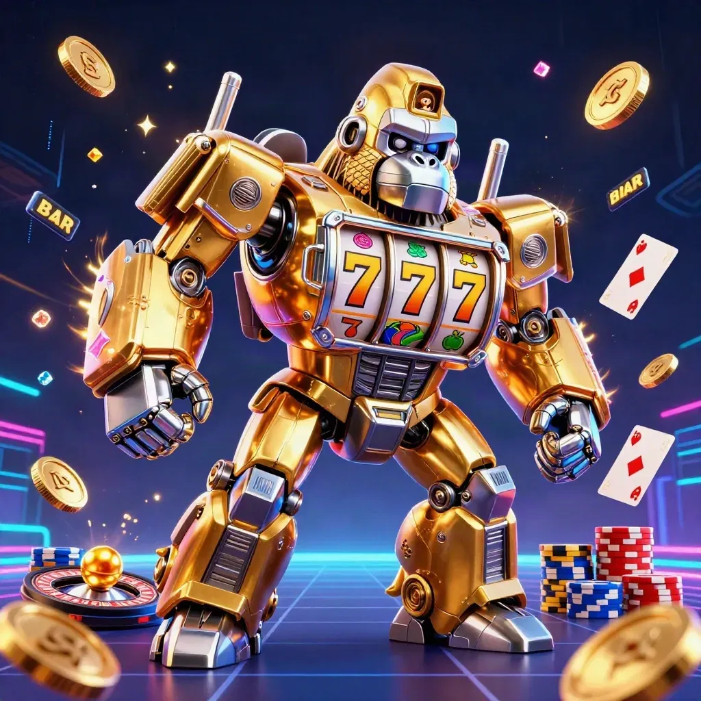Golden gorilla mech with tiny monkey pilot, coins, roulette wheel, chips, neon casino burst