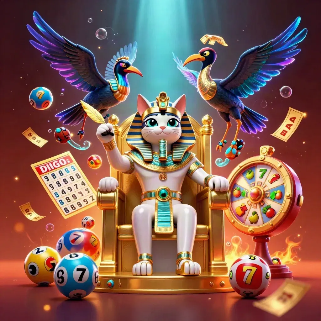 Pharaoh cat, ibis scribe, and gem-wing scarabs amid casino bursts and neon light