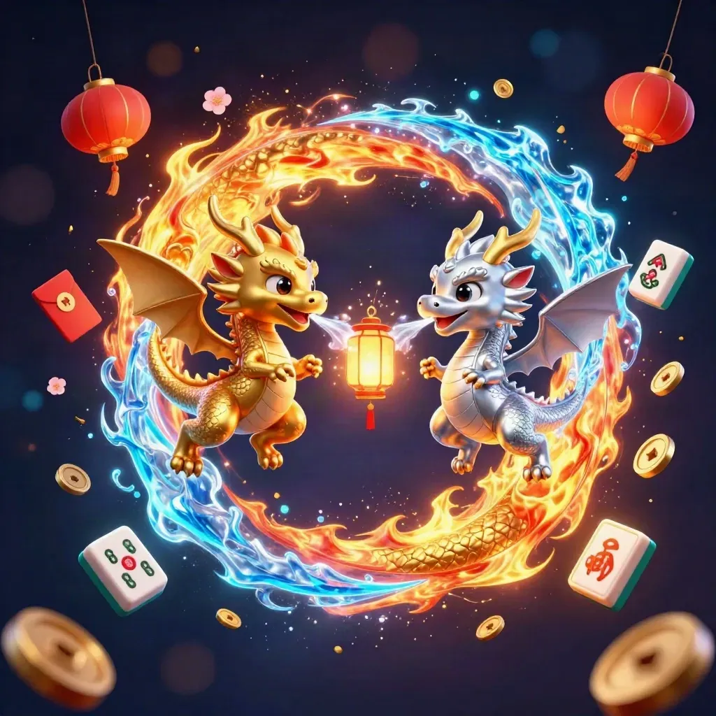 Gold and silver dragons spiral in a neon casino scene with lanterns, coins, tiles, and glowing effects.