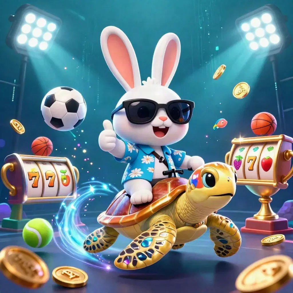 Lucky rabbit rides a jeweled sea turtle with casino symbols in a neon underwater burst.
