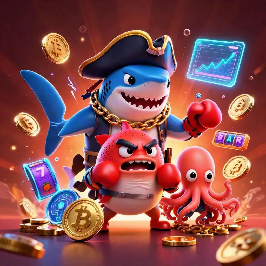 3D pirate shark, boxing pufferfish, juggling octopus amid neon coins and slot reels.