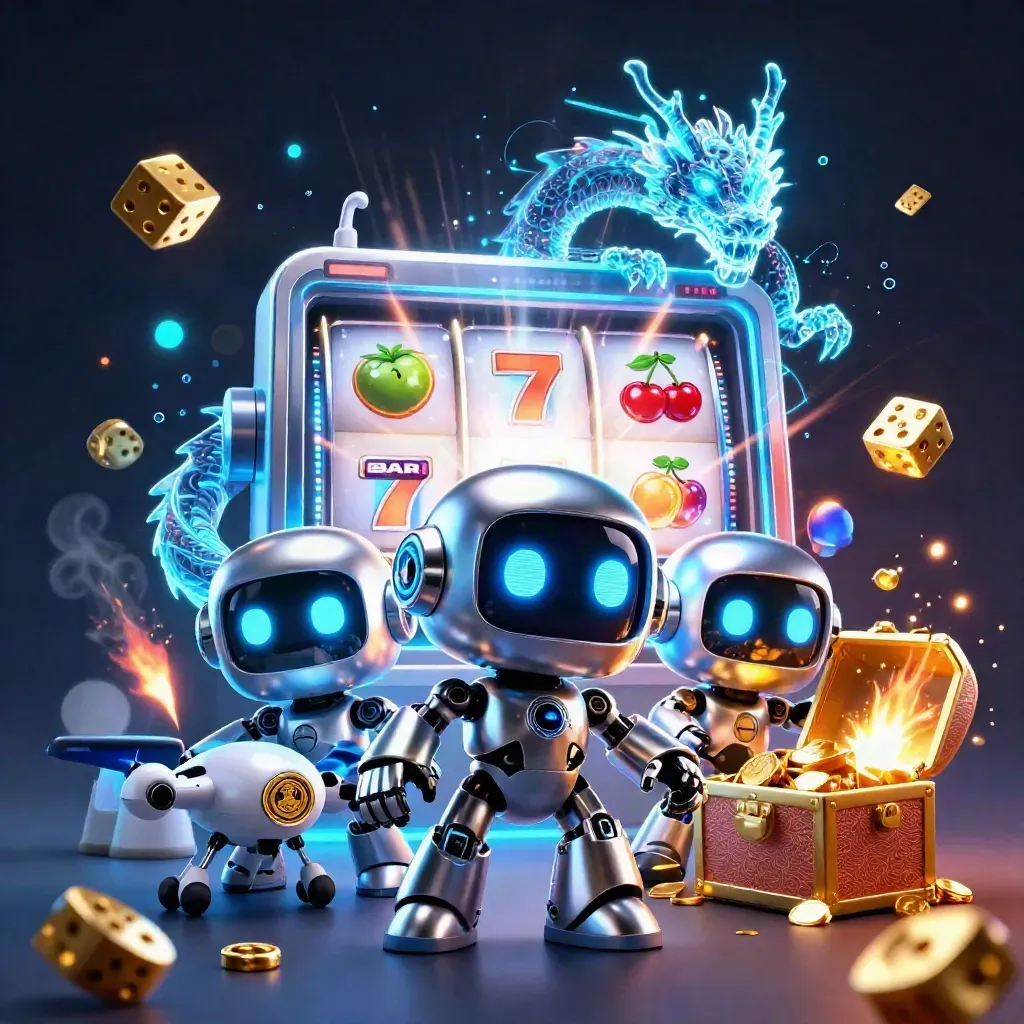 Cyberpunk robot, holographic dragon, and coin drone bursting from a slot machine with glowing gold and blue effects.