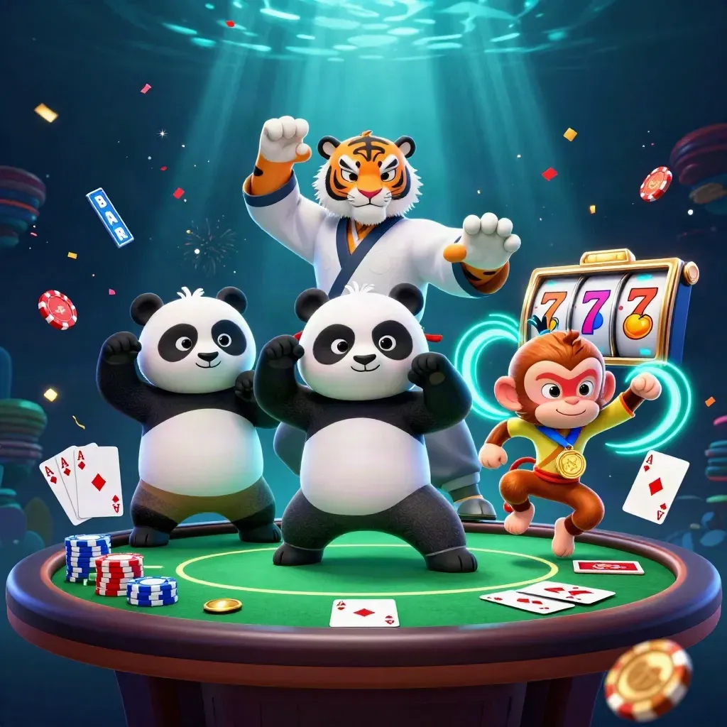 Tiger, panda, and monkey around casino props, chips, slot reels, and neon underwater lights