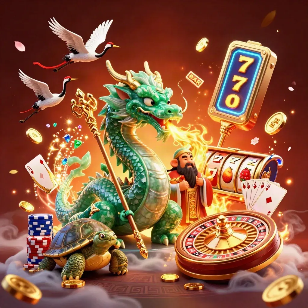 Dragon, turtle sage, and cranes amid casino magic, coins, chips, reels, and glowing firelight.