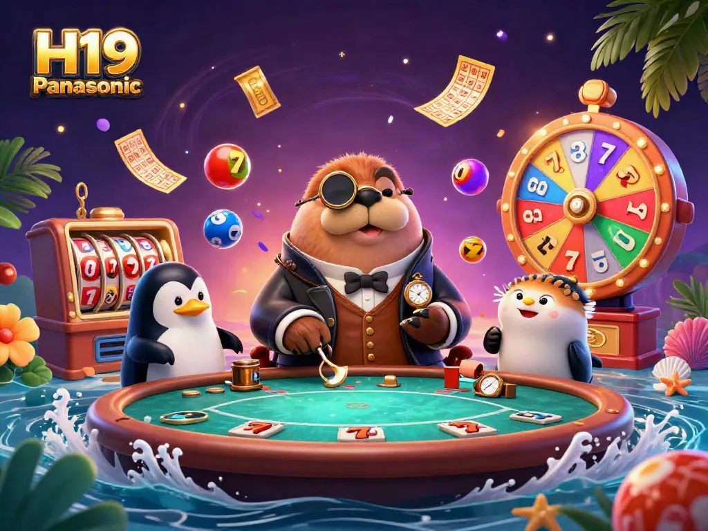 Engage with H19 Panasonic in a vibrant underwater poker scene featuring a bluffing pufferfish and excited players.