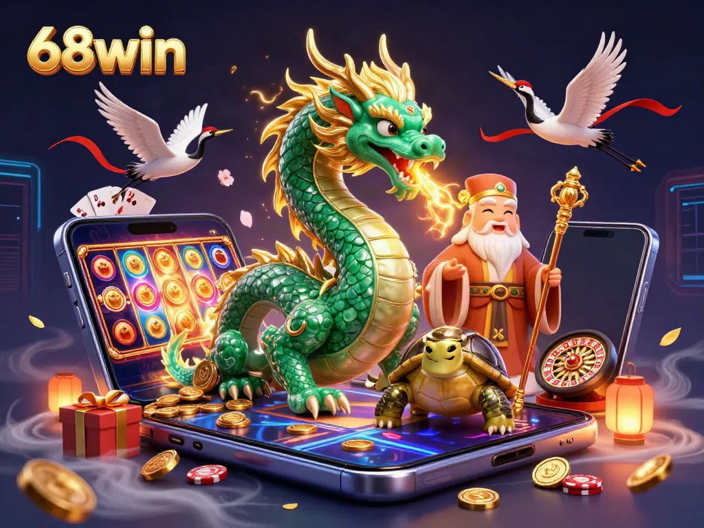 Experience the excitement of 68win with a mystical dragon and sage amidst casino elements.