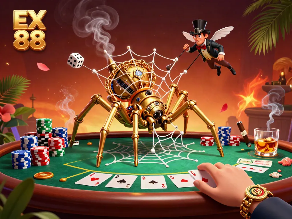 Experience the thrill of EX 88 in a vibrant casino scene with a trapped Victorian fly and a golden spider.