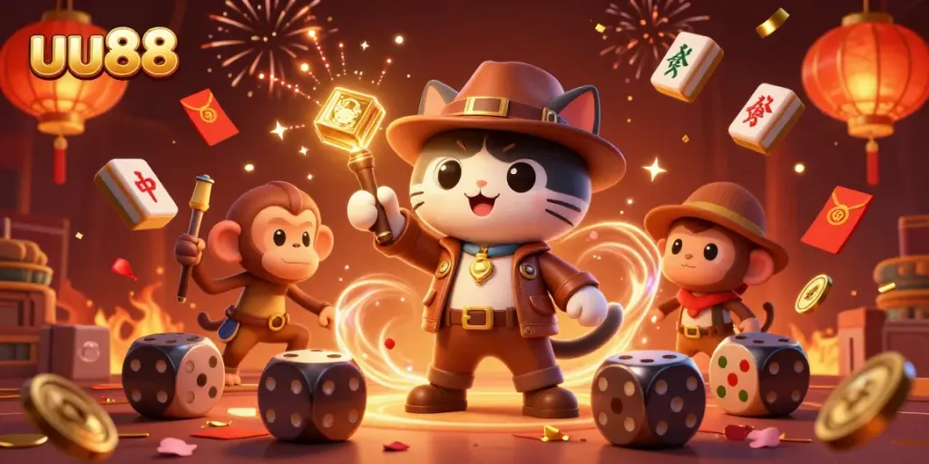 Experience the thrill of uu88 with a cartoon explorer cat and a monkey in an ancient temple surrounded by casino artifacts.