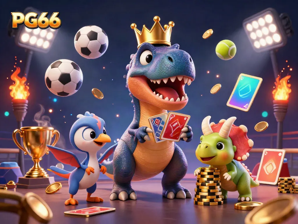Experience the thrill of PG66 with a T-Rex shuffling cards, a pterodactyl helping, and a triceratops stacking chips in a vibrant casino scene.
