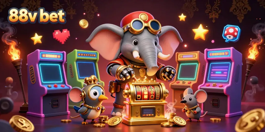 Experience the thrill of 88v bet with a steampunk elephant operating a golden slot machine in a vibrant, lively casino scene.