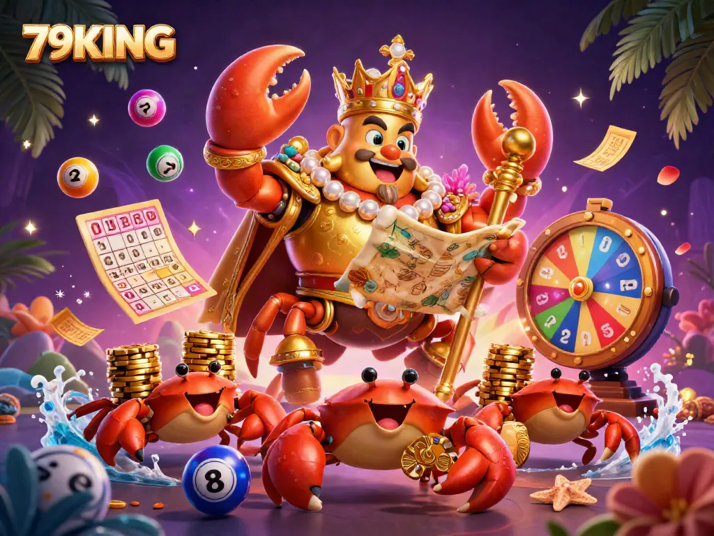 Experience the exciting world of 79KING with dynamic lottery elements and a regal crab emperor.