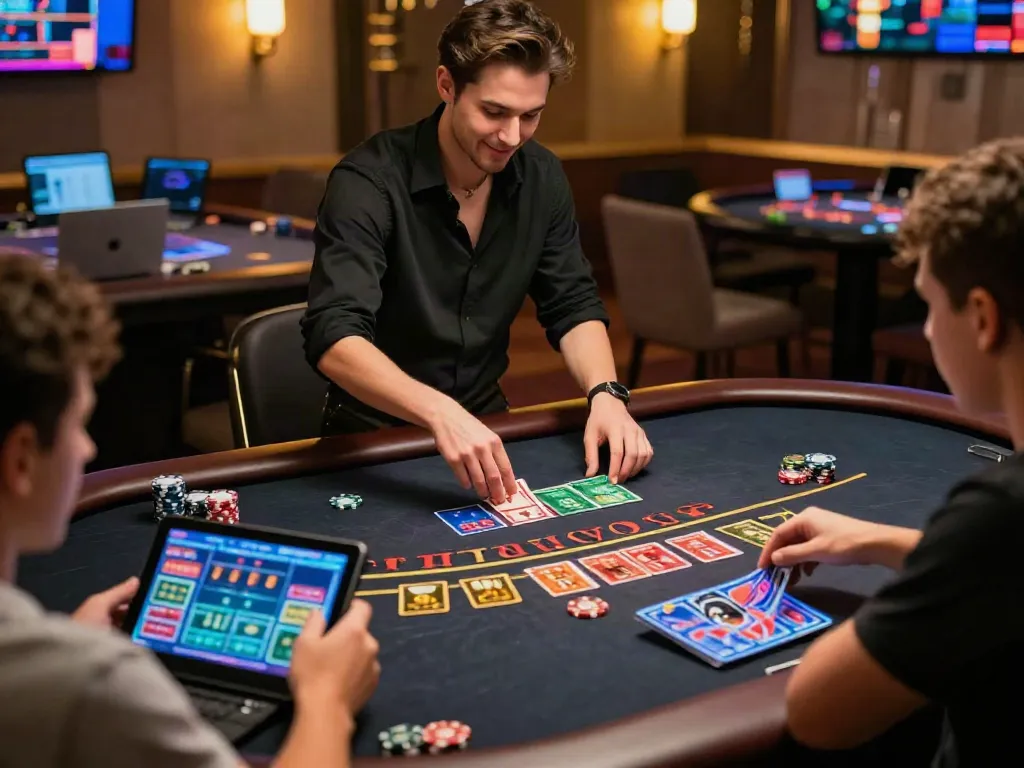 Engaging scene of players enjoying blackjack en ligne in a virtual casino setting.