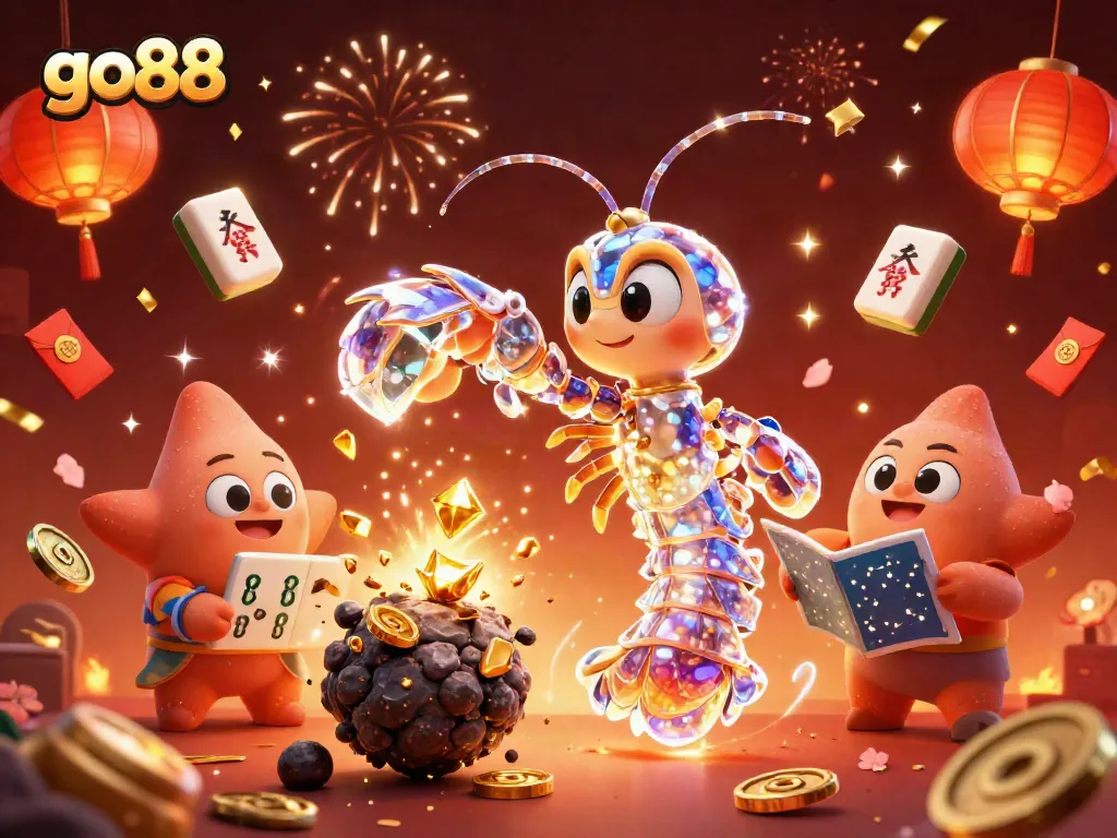 Engage with go88 in this vibrant scene filled with gems, coins, and festive symbols.