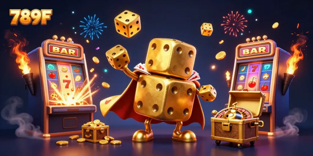 Engage in thrilling gaming adventures at 789F with a vibrant casino-themed illustration bursting with excitement.