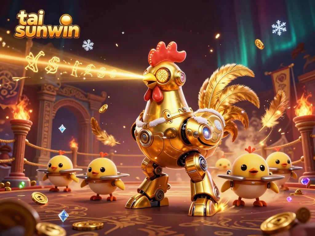 Engage in action at tai sunwin with a vibrant scene featuring a golden rooster robot and baby chick drones amidst casino elements.