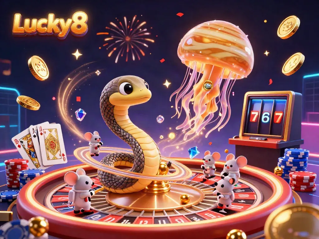 Experience thrilling bets with Lucky8 in a cosmic casino filled with vibrant characters and gambling excitement.
