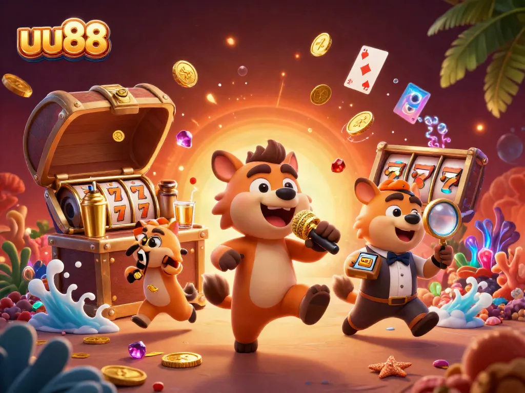 Engage with uu88's lively casino atmosphere featuring cartoon hyenas in a vibrant 3D scene.