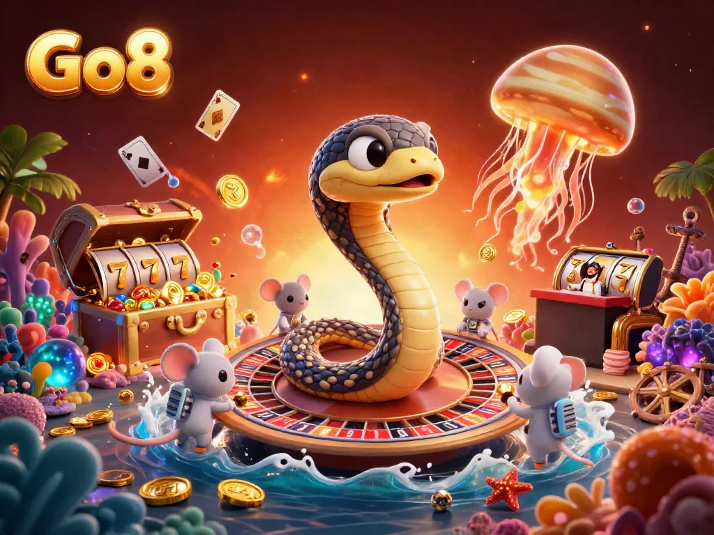 Engaging Go8-themed casino illustration showcasing a playful gambling scene with cosmic elements.
