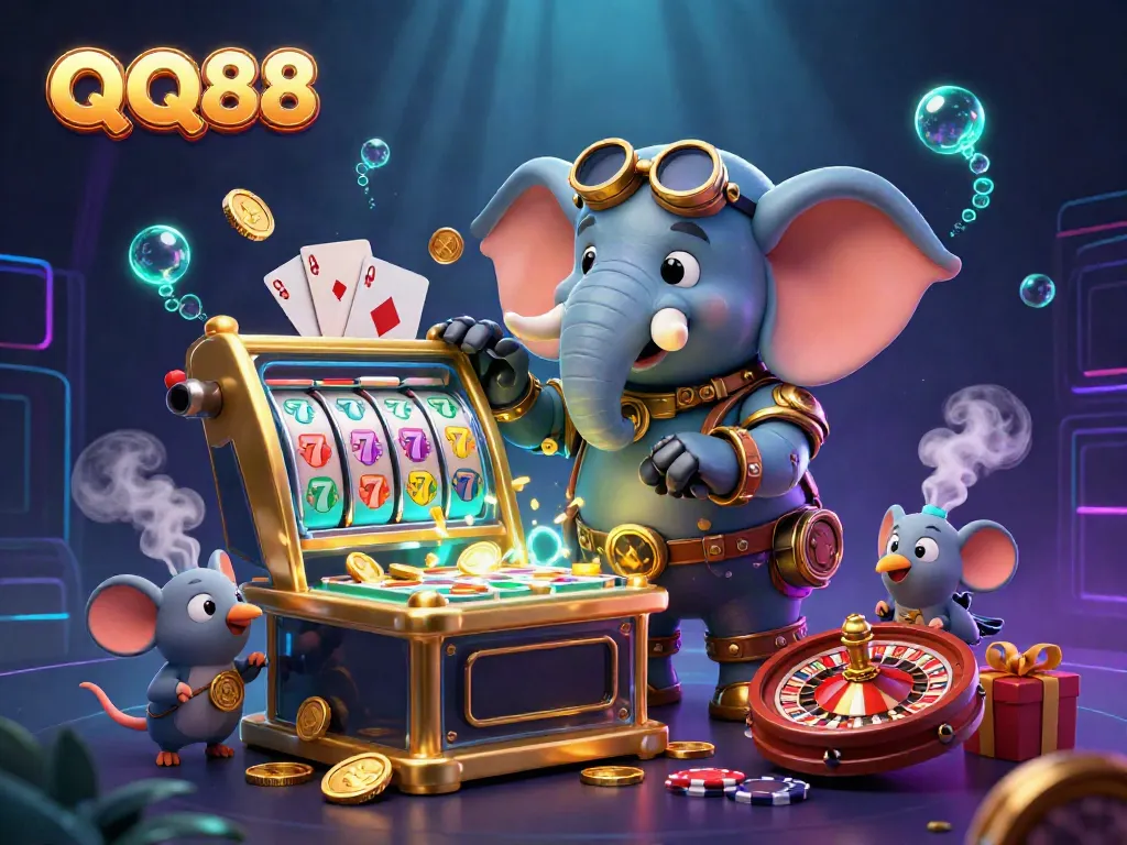 Catch the excitement of QQ88 slots with a stunning steampunk elephant engineer, vibrant game elements, and gleaming coins.