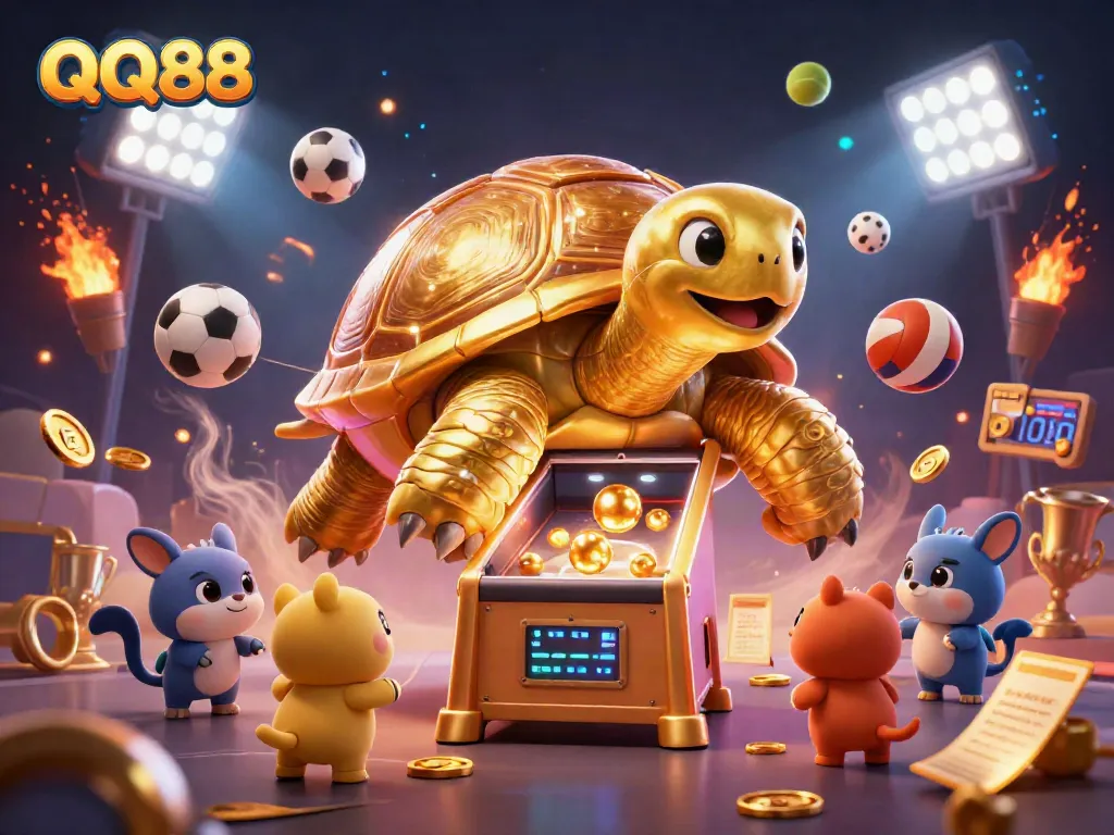 Engage with QQ88's vibrant 3D casino scene featuring animated golden tortoise pinball machine.