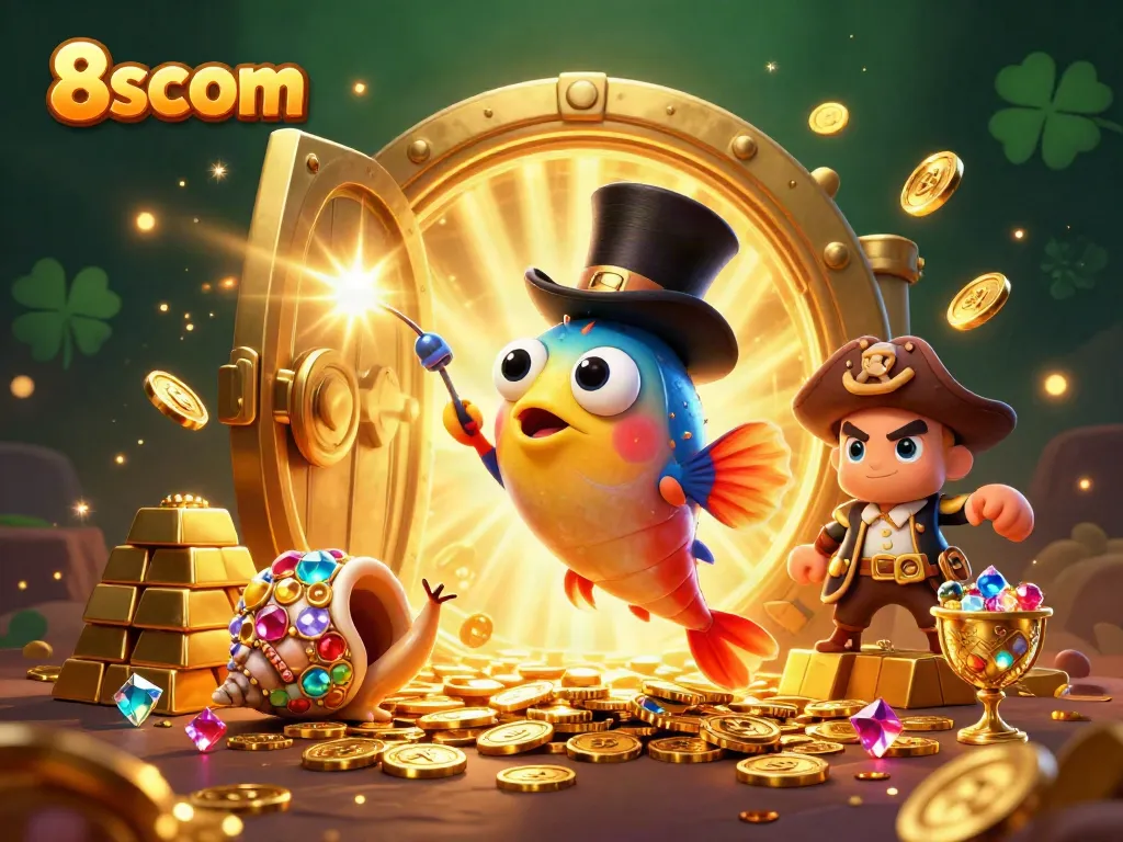 Engage with 8scom's vibrant casino fantasy featuring an anglerfish, shrimp, and snail amidst treasures.