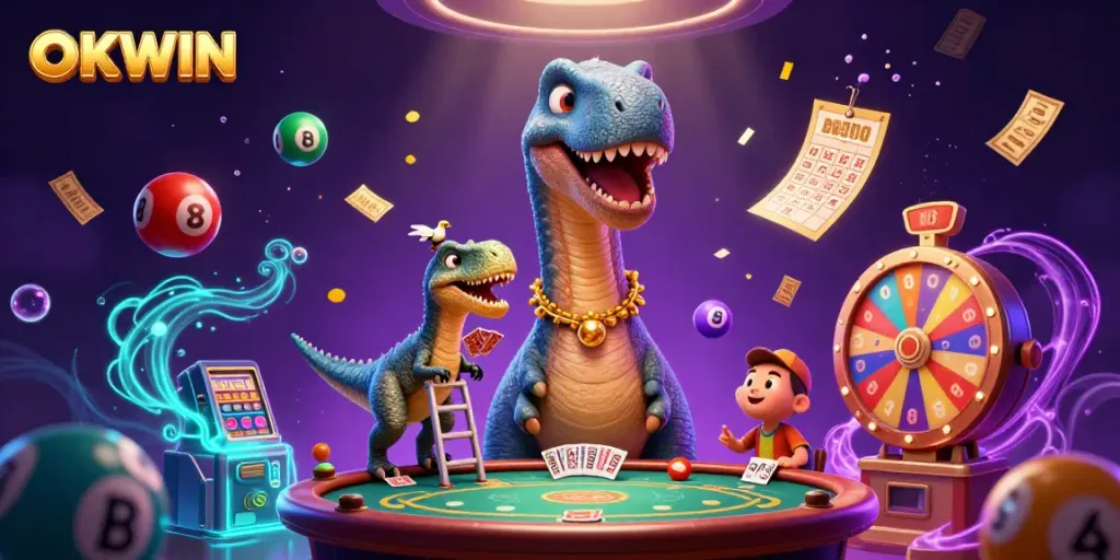Experience OKWIN casino dynamics with a giant brontosaurus overlooking gameplay with vibrant lottery elements.