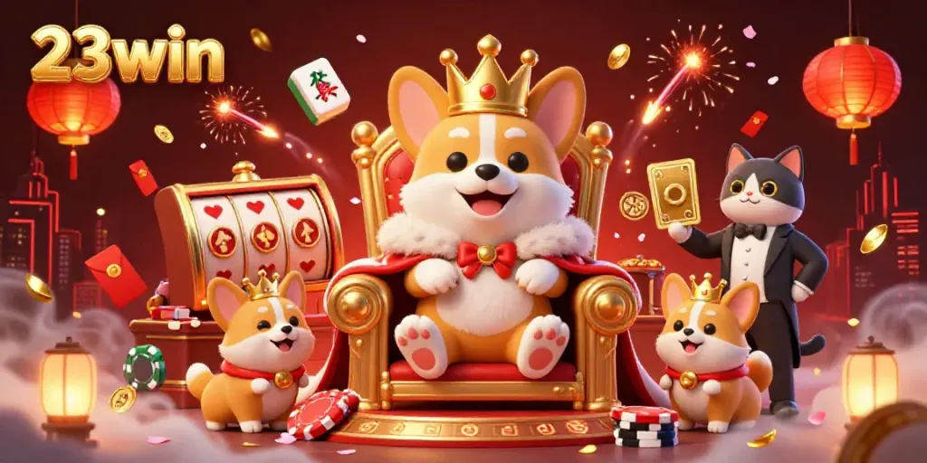 Engage with thrilling slots and winning moments at 23win in a vibrant 3D casino illustration.