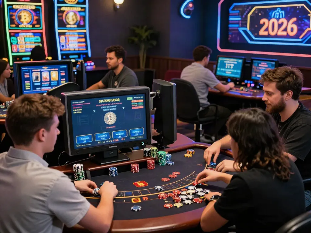 Players enjoying a Bitcoin casino experience with vibrant games and BTC symbols, reflecting modern gambling trends.