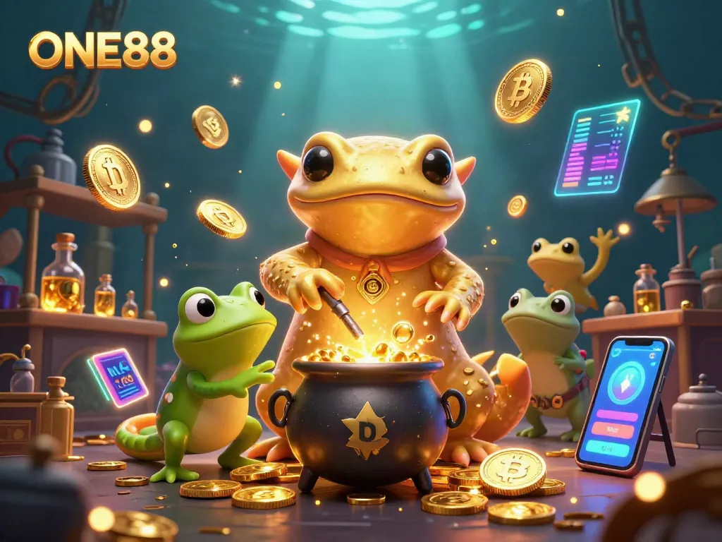 Experience the thrill of ONE88 with a dynamic 3D illustration of casino adventures featuring gold coins and spells.